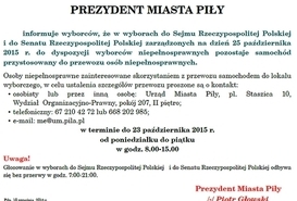 INFORMACJA Prezydenta Miasta Piły: samochód dla niepełnosprawnych wyborców