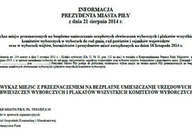 WYKAZ MIEJSC Z PRZEZNACZENIEM NA BEZPŁATNE UMIESZCZANIE URZĘDOWYCH OBWIESZCZEŃ WYBORCZYCH I PLAKATÓW WSZYSTKICH KOMITETÓW WYBORCZYCH