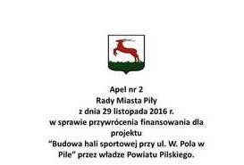 Apel Rady Miasta Piły w sprawie przywrócenia finansowania dla projektu “Budowa hali sportowej przy ul. W. Pola w Pile” przez władze Powiatu Pilskiego.