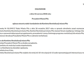 Otwarty nabór kandydatów do  Komitetu  Rewitalizacji miasta Piły