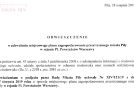 Obwieszczenie o uchwaleniu miejscowego planu zagospodarowania przestrzennego miasta Piły w rejonie pl. Powstańców Warszawy