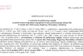 Obwieszczenie o wyłożeniu do publicznego wglądu projektu miejscowego planu zagospodarowania przestrzennego miasta Piły w rejonie ulic: Fabrycznej, Węglowej, Wawelskiej i Strefowej 
