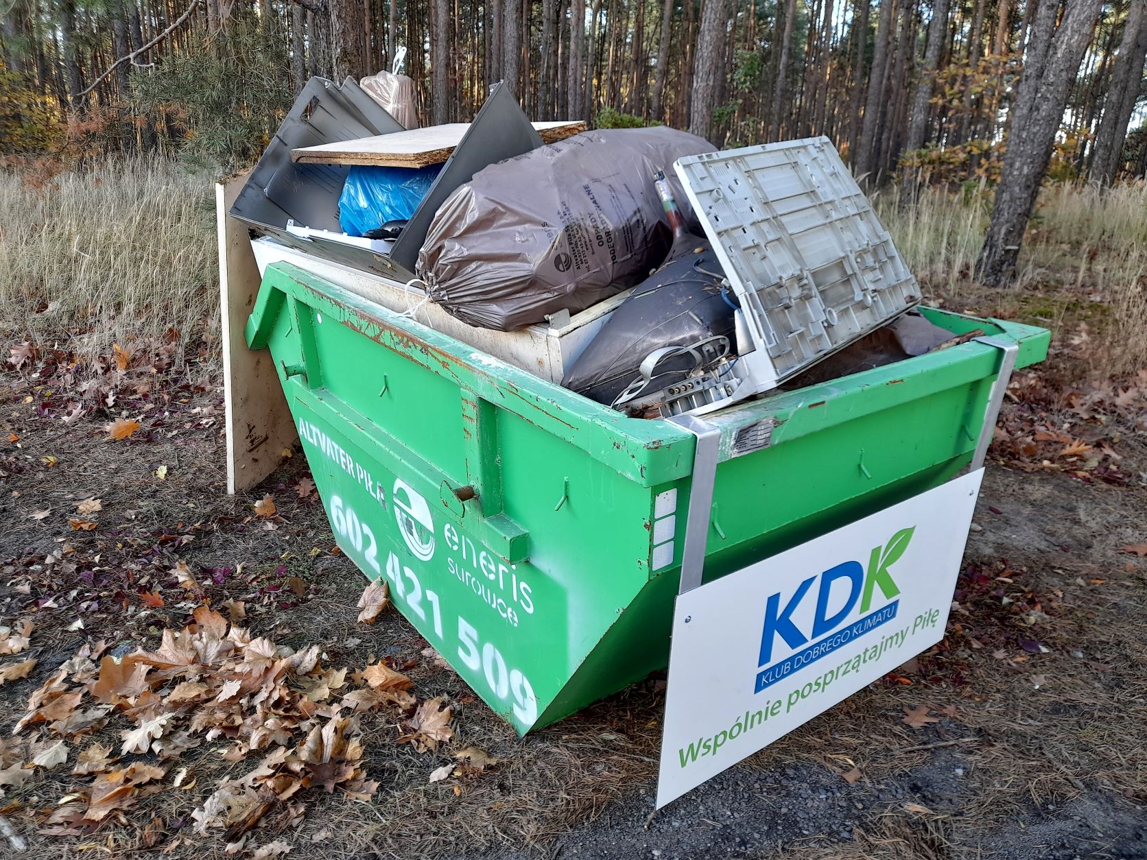 Ustawiony w lesie kontener na odpady. W środku odpady: elementy konstrukcyjne i worki z odpadami.