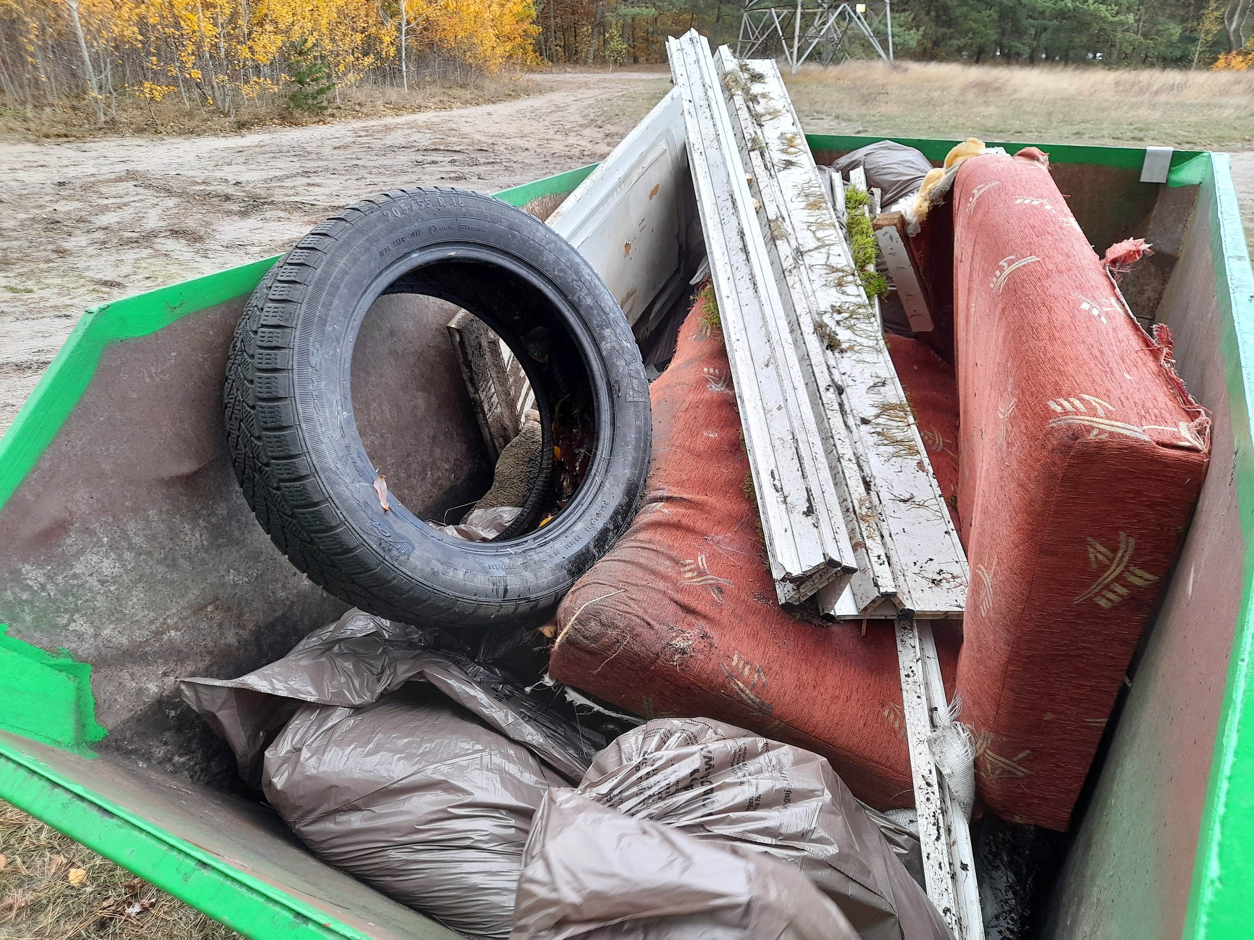 Ustawiony w lesie kontener na odpady. W środku odpady: elementy konstrukcyjne, stara kanapa, opony samochodowe i worki z odpadami.