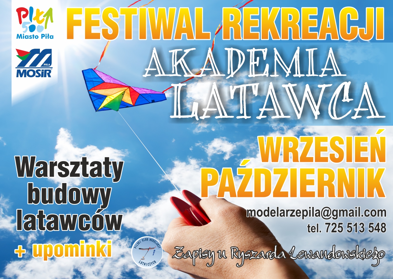 chmury, dłoń trzymająca kolorowy latawiec, opis wydarzenia (dostępny pod plakatem)
