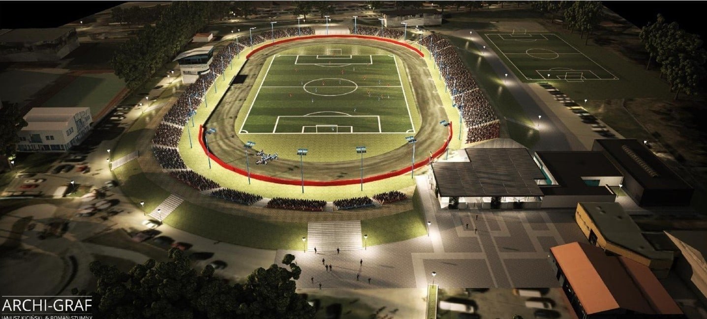 Wizualizacja stadionu sportowego. Widać boisko piłkarckie, tor żużlowy oraz oświetlone trybuny.