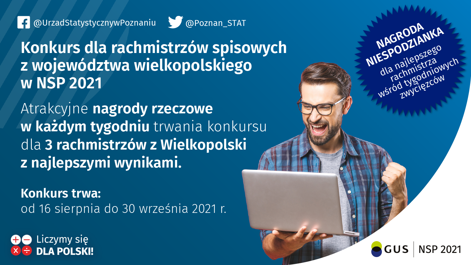 Plakat promujący konkurs dla rachmistrzów spisowych z województwa wielkopolskiego w NSP 2021