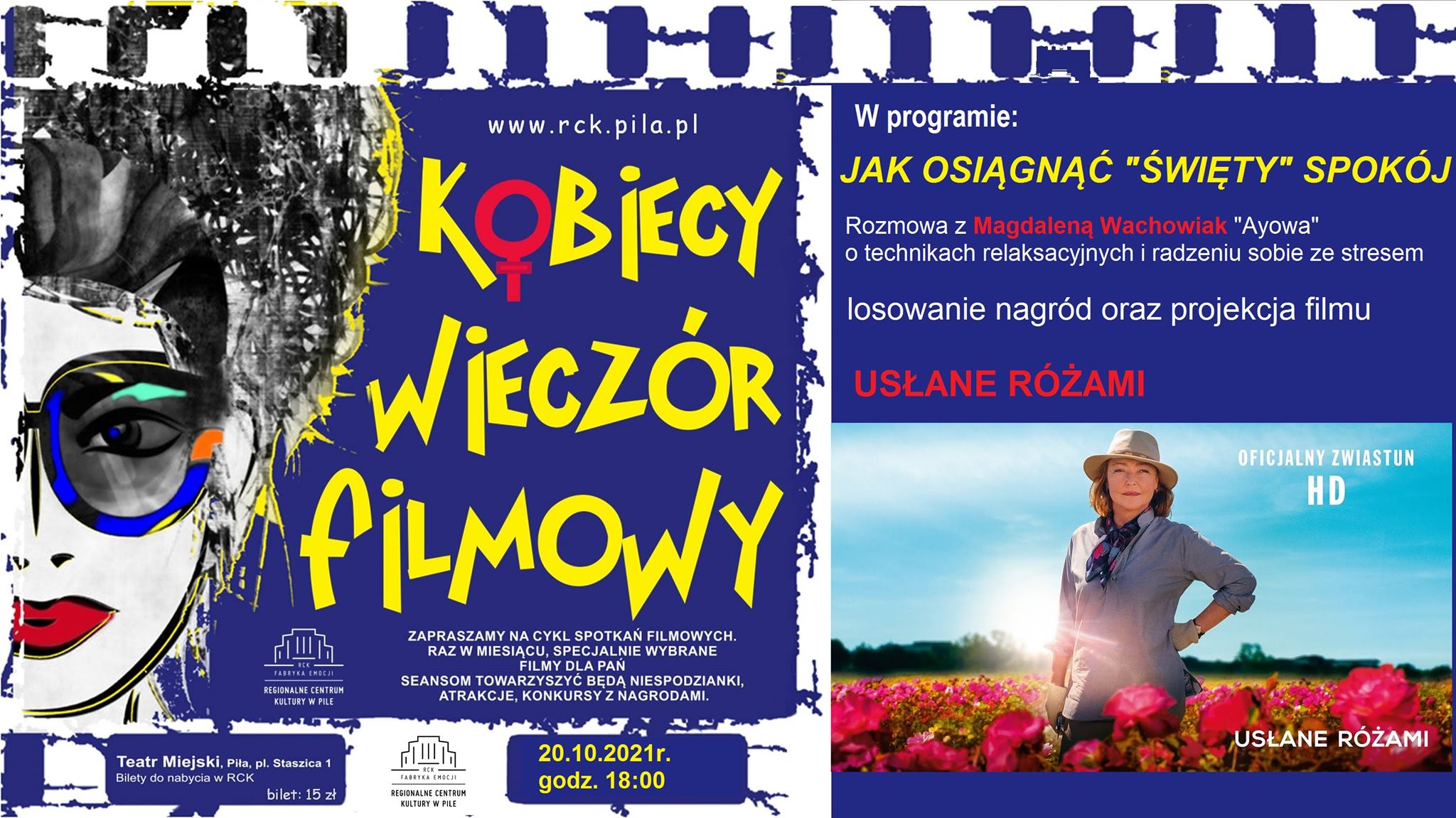 grafika z napisem Kobiecy wieczór filmowy oraz zdjęcie kadru z filmu