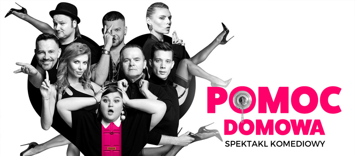 czarne serce, na jego tle postaci 10 aktorów, wszytsko w bieli i czerni, różowy napis z tytułem "Pomoc domowa"