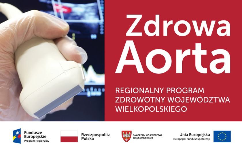 Zdjęcie maszyny do USG. Zaproszenie na badanie aorty brzusznej. Logotypy unijne dotyczące projektu, z którego finansowane są badania.